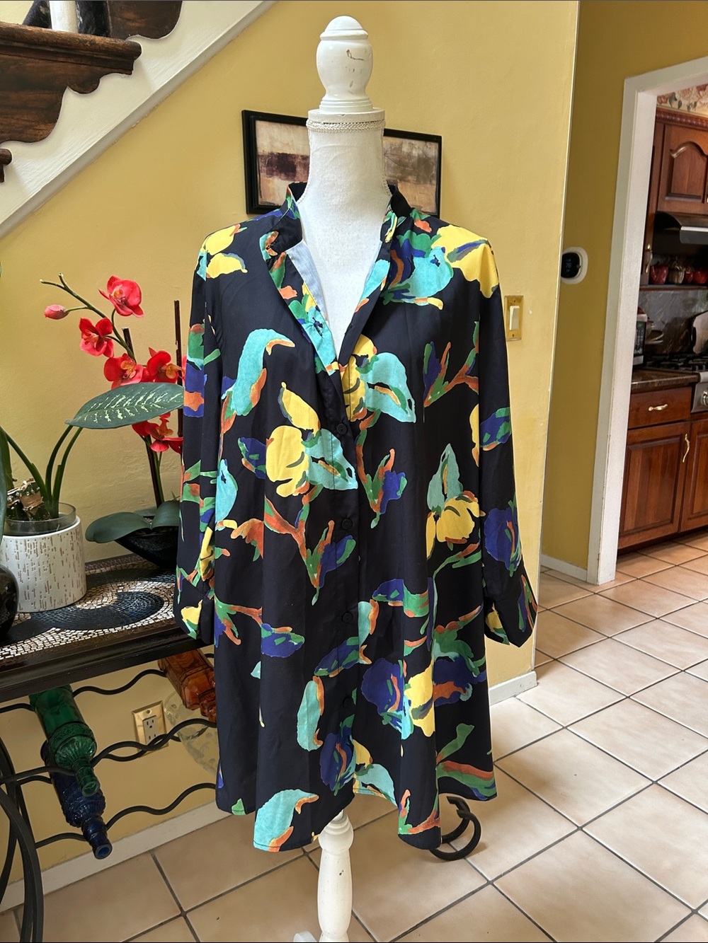 Bella Blue Vibrant Floral Artsy Parisian Cobalt Blue Chemise Shirt Tunic Dress M